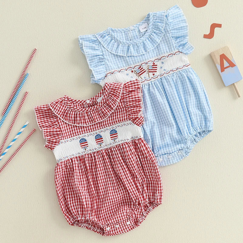 Adorable Infant American Flag Romper with Embroidered Stars and Stripes Perfect for Fourth of July Celebrations and Family