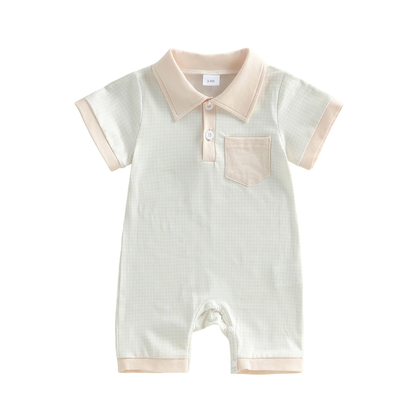 Toddler Boy Romper Lapel Collar Short Sleeve Checkered Print Upper Button Jumpsuit with Pocket Detail