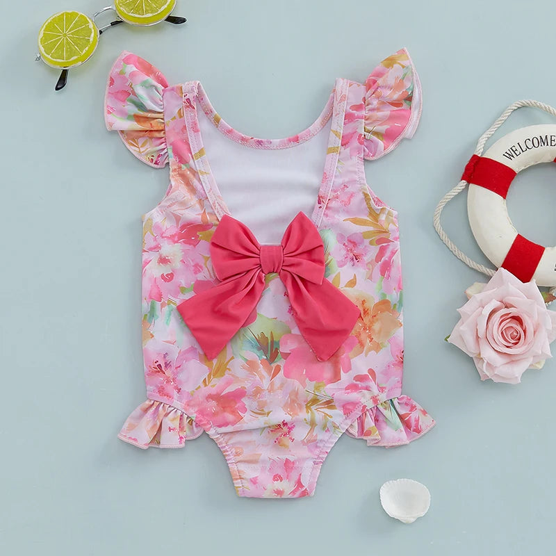 Toddler Girls Swimsuit with Ruffle Sleeves and Cute Floral Print UPF 50 Sun Protection Baby Girls Swimwear