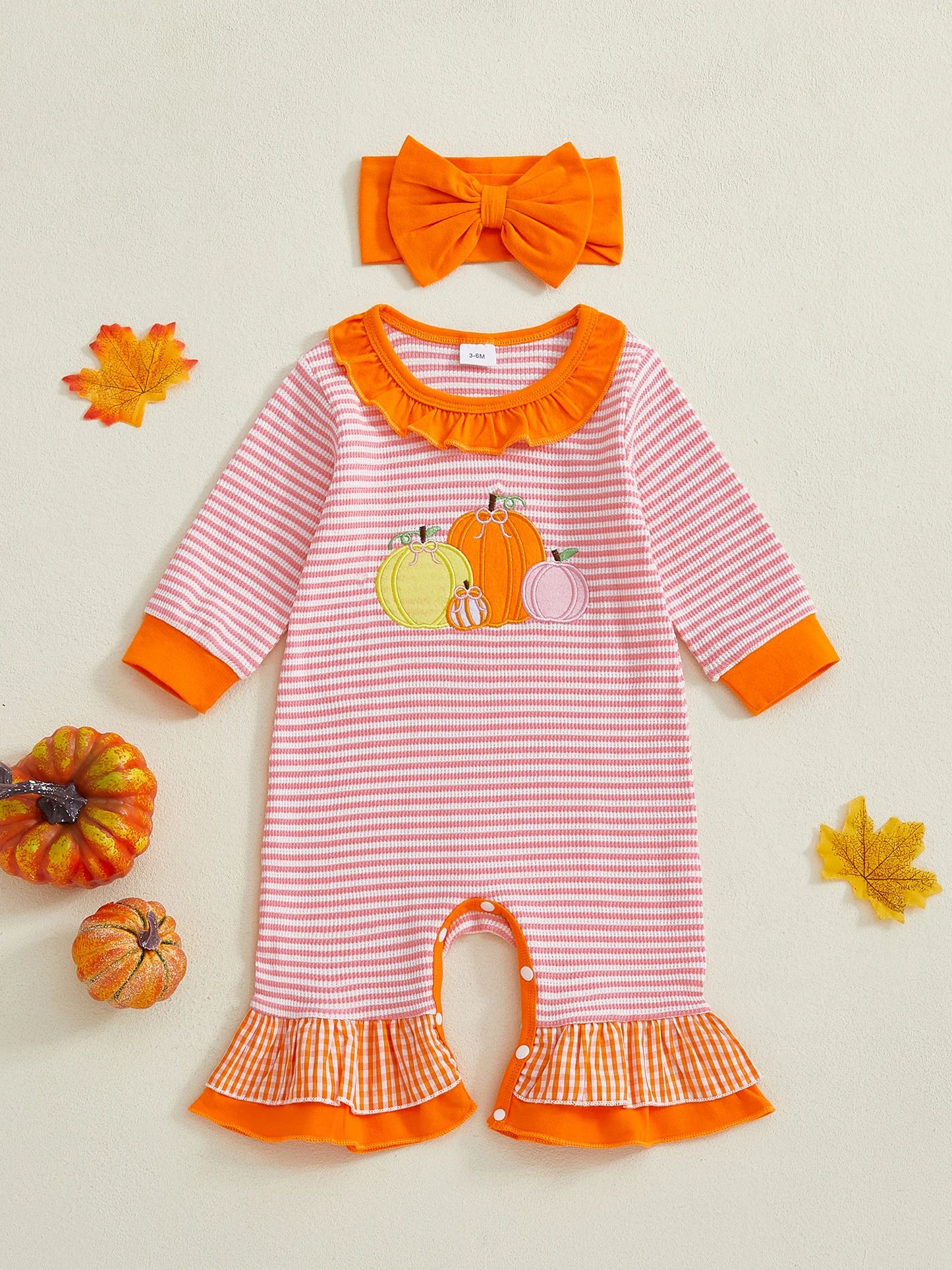 Toddler Halloween Costume Set Long Sleeve Pumpkin Embroidery Striped Romper with Matching Headband for Baby Girl