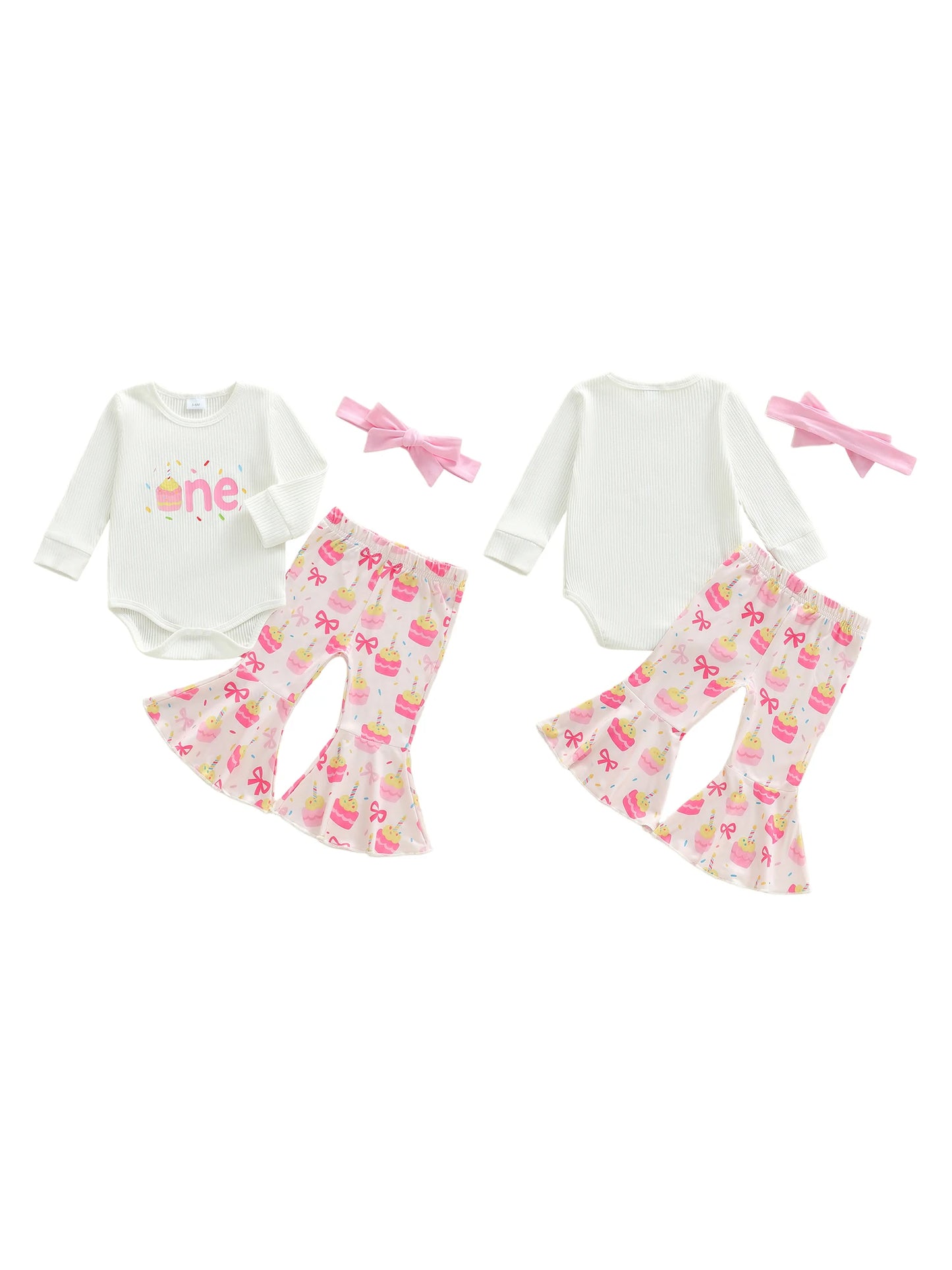 Adorable Baby Girl Birthday Outfit with Long Sleeve Romper Cake Pattern Flare Pants and Bow Headband - 3 Piece Set for a
