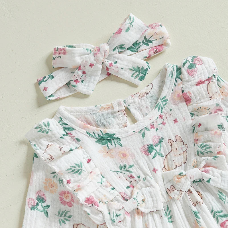 Adorable Baby Girls Romper Long Sleeve Jumpsuit and Matching Headband Set for Toddler