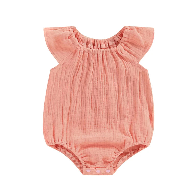 Summer Baby Clothing Girl Boy Rompers Solid Ruffle Sleeve Smocked Bubble Romper Unisex Infants Cotton Linen Jumpsuit