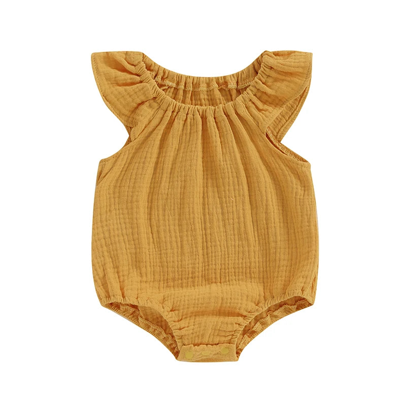 Summer Baby Clothing Girl Boy Rompers Solid Ruffle Sleeve Smocked Bubble Romper Unisex Infants Cotton Linen Jumpsuit