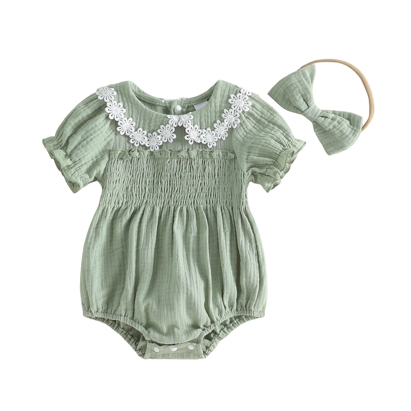 FOCUSNORM 0-18M Lovely Baby Girls Summer Romper Fashionable Flower Trim Short Bubble Sleeve Smocked Jumpsuit with Headband