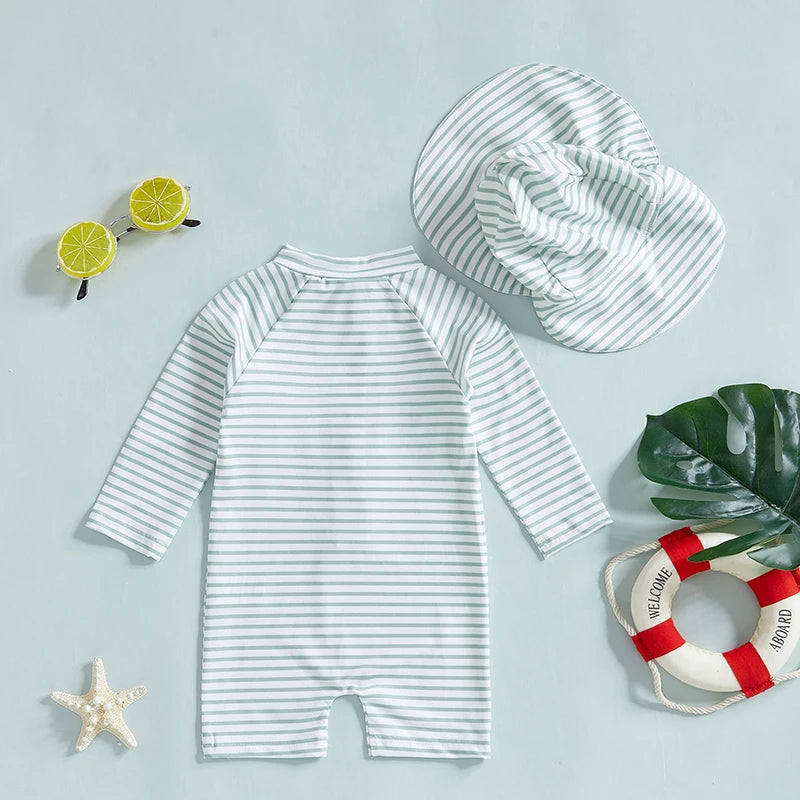 Infant Boys Girls Sun Protection Swimwear Set with Hat 2 Piece UV Rash Guard Suit Striped Zip Up Long Sleeve Crew Neck