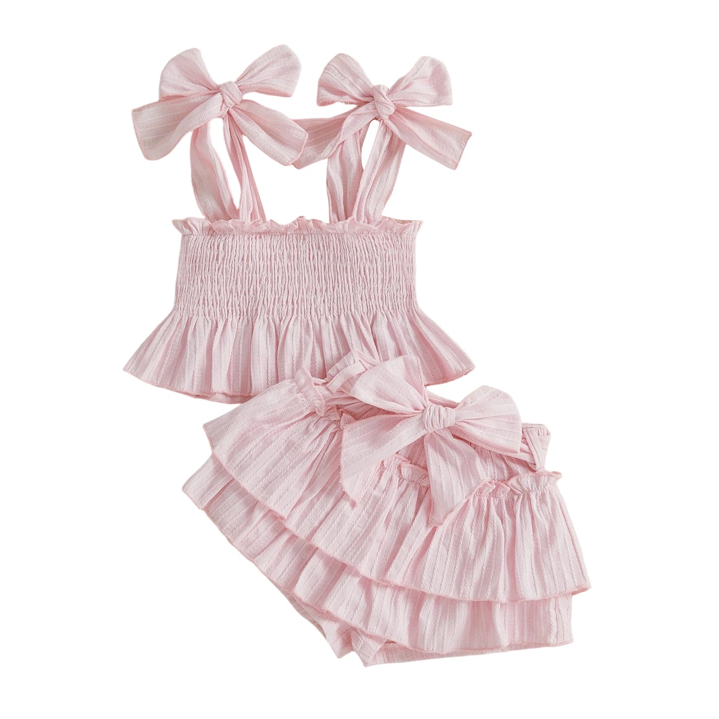 2Pcs Toddler Girls Summer Set Sleeveless Bow Tie Strap Solid Color Smocked Vest Tops and Ruffled Skort Outfit