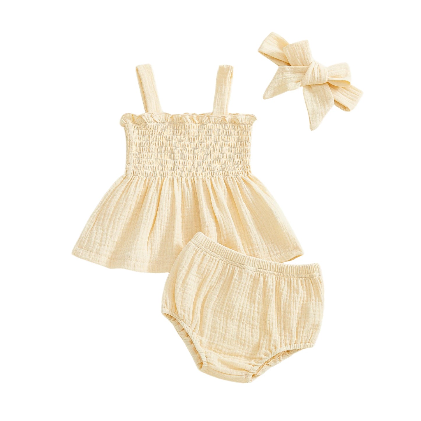Adorable Baby Girl Summer Set with Solid Color Ruffled Trim Smocked A Line Sleeveless Top Shorts and Matching Headband - 3