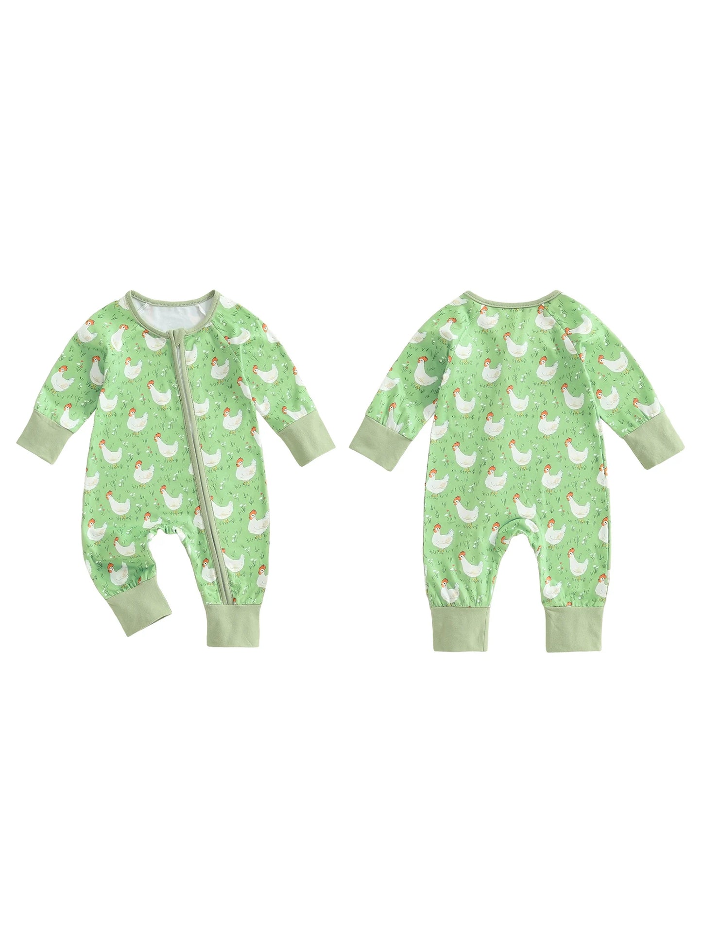 Adorable Toddler Bunny Print Baby Long Sleeve Round Neck Front Zip Romper with Matching Bow Headband