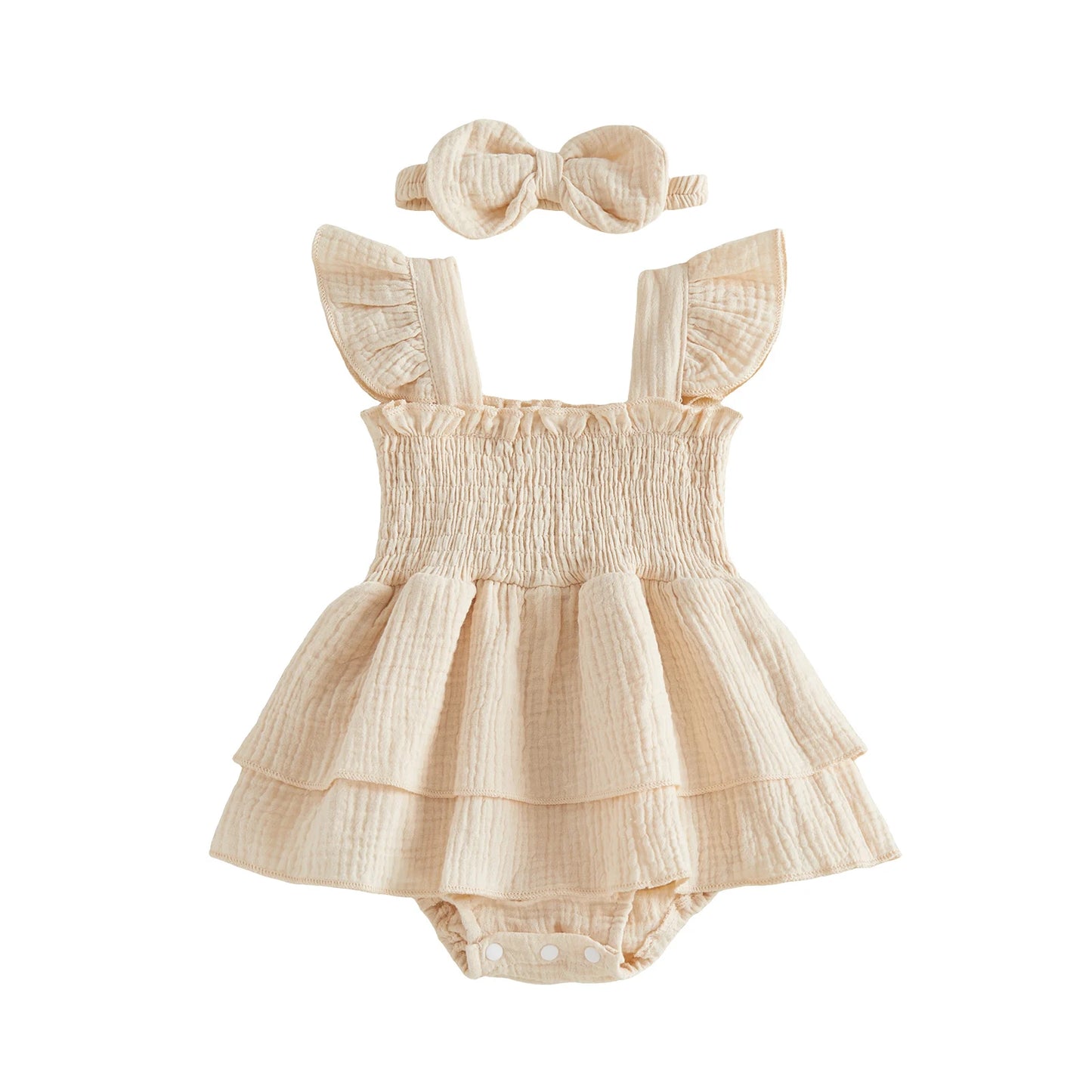 Adorable Toddler Girl Floral Print Ruffle Sleeve Romper Dress with Matching Bow Headband 2 Piece Outfit Set for Summer Fun
