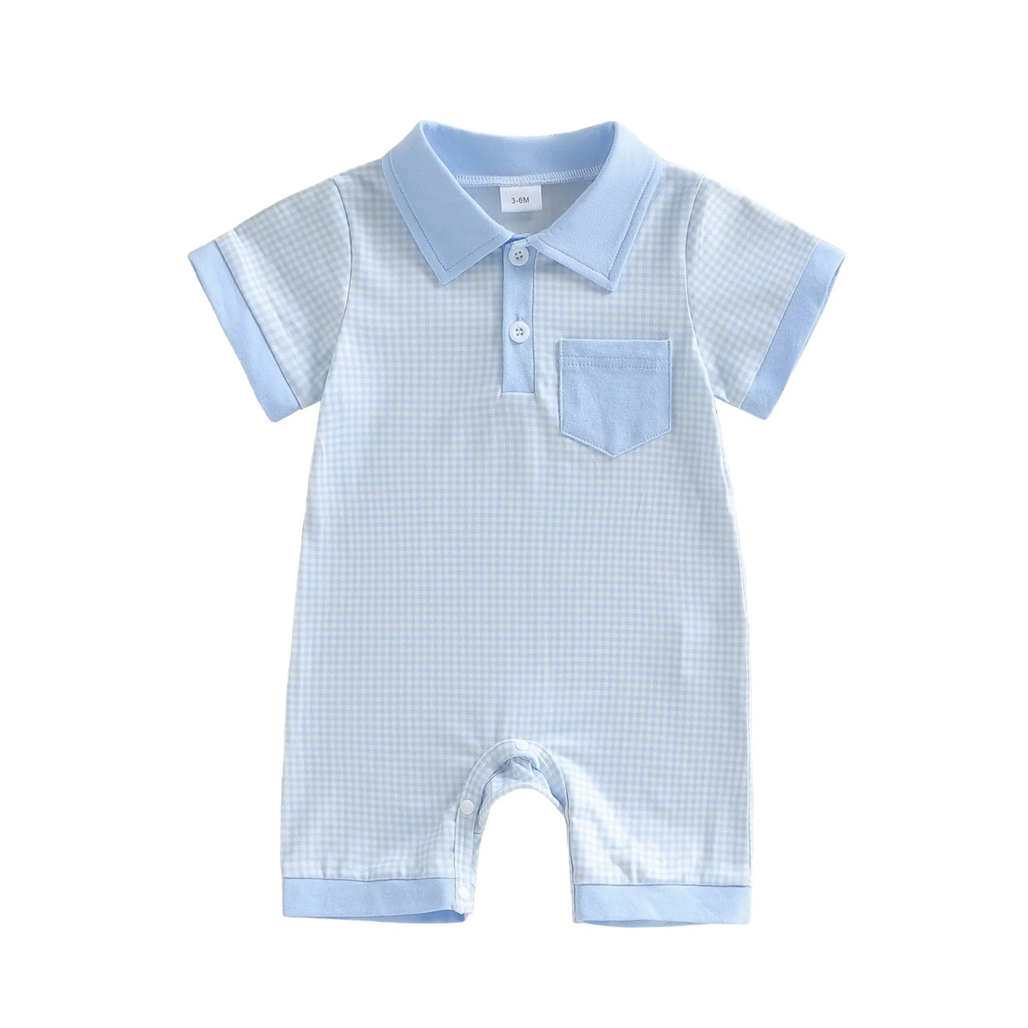 Toddler Boy Romper Lapel Collar Short Sleeve Checkered Print Upper Button Jumpsuit with Pocket Detail