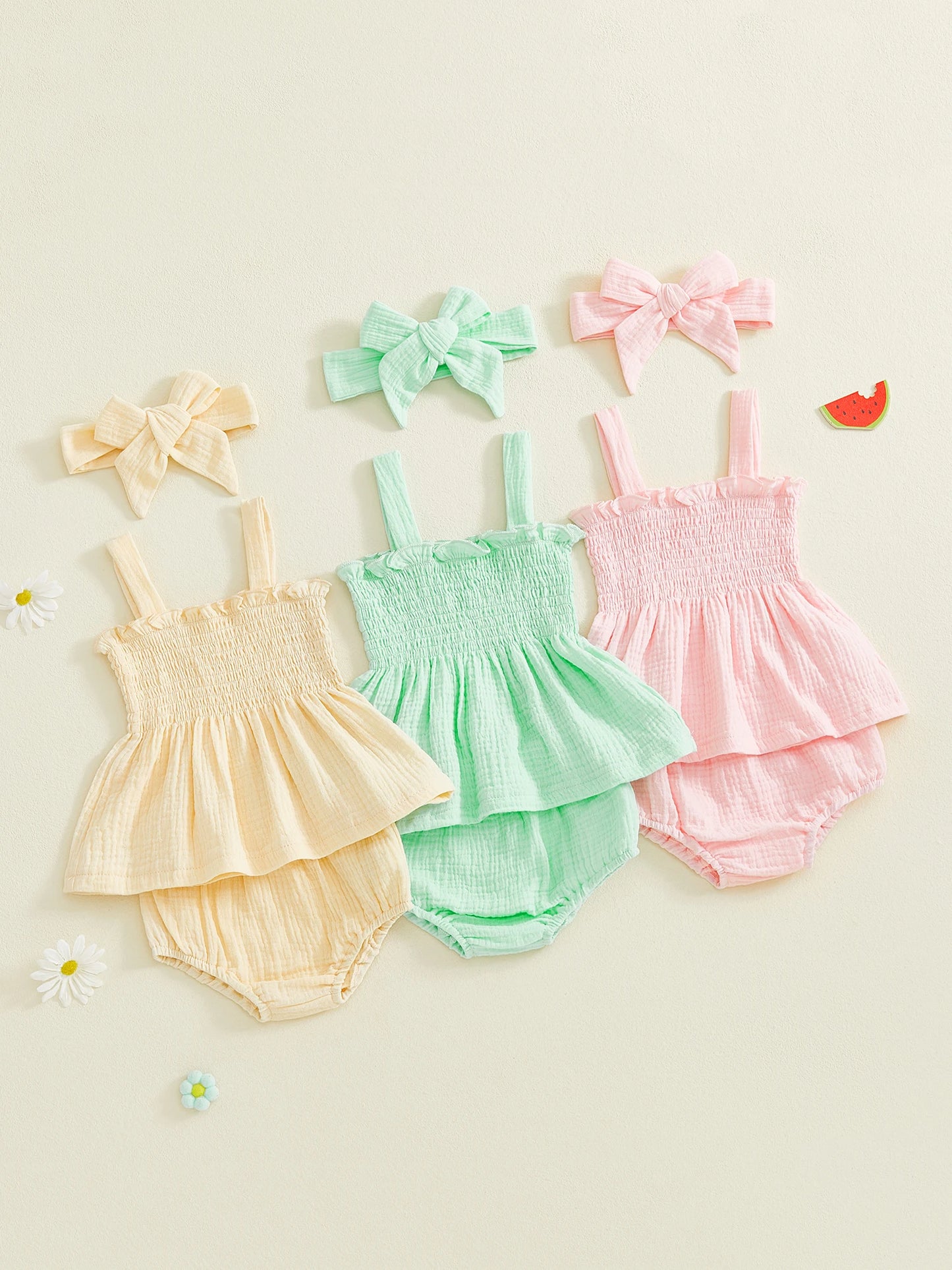 Adorable Baby Girl Summer Set with Solid Color Ruffled Trim Smocked A Line Sleeveless Top Shorts and Matching Headband - 3