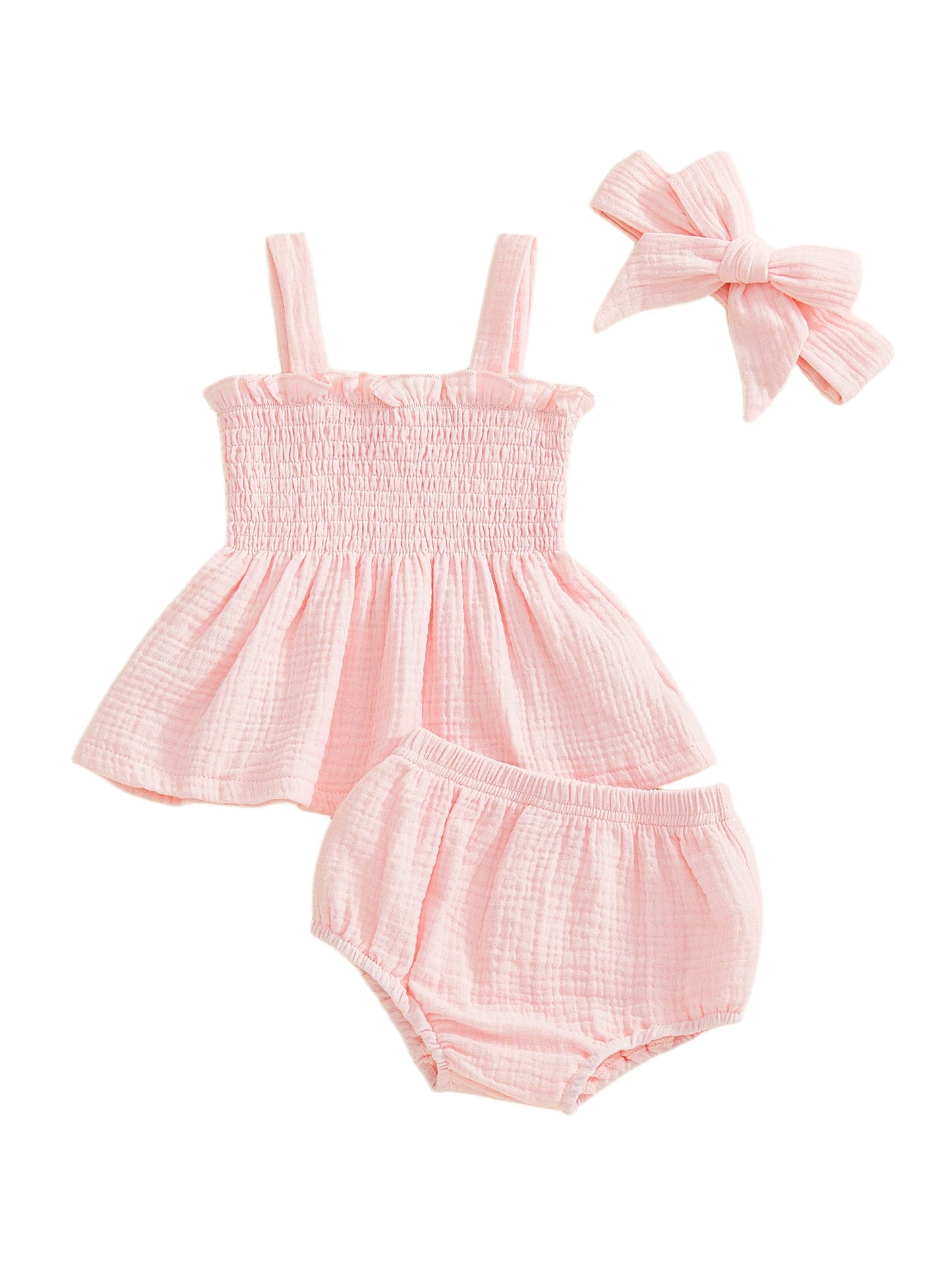 Adorable Baby Girl Summer Set with Solid Color Ruffled Trim Smocked A Line Sleeveless Top Shorts and Matching Headband - 3