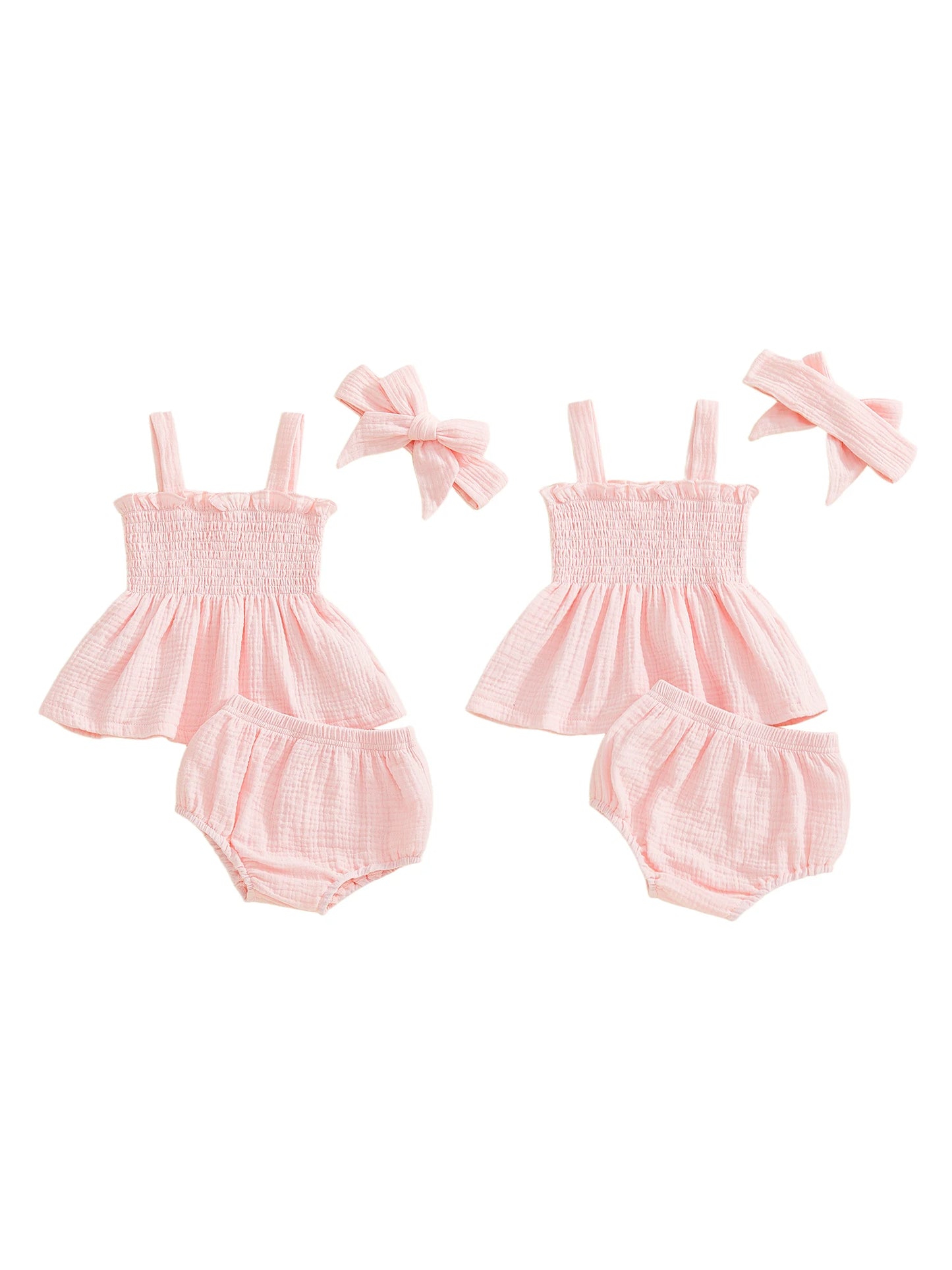 Adorable Baby Girl Summer Set with Solid Color Ruffled Trim Smocked A Line Sleeveless Top Shorts and Matching Headband - 3
