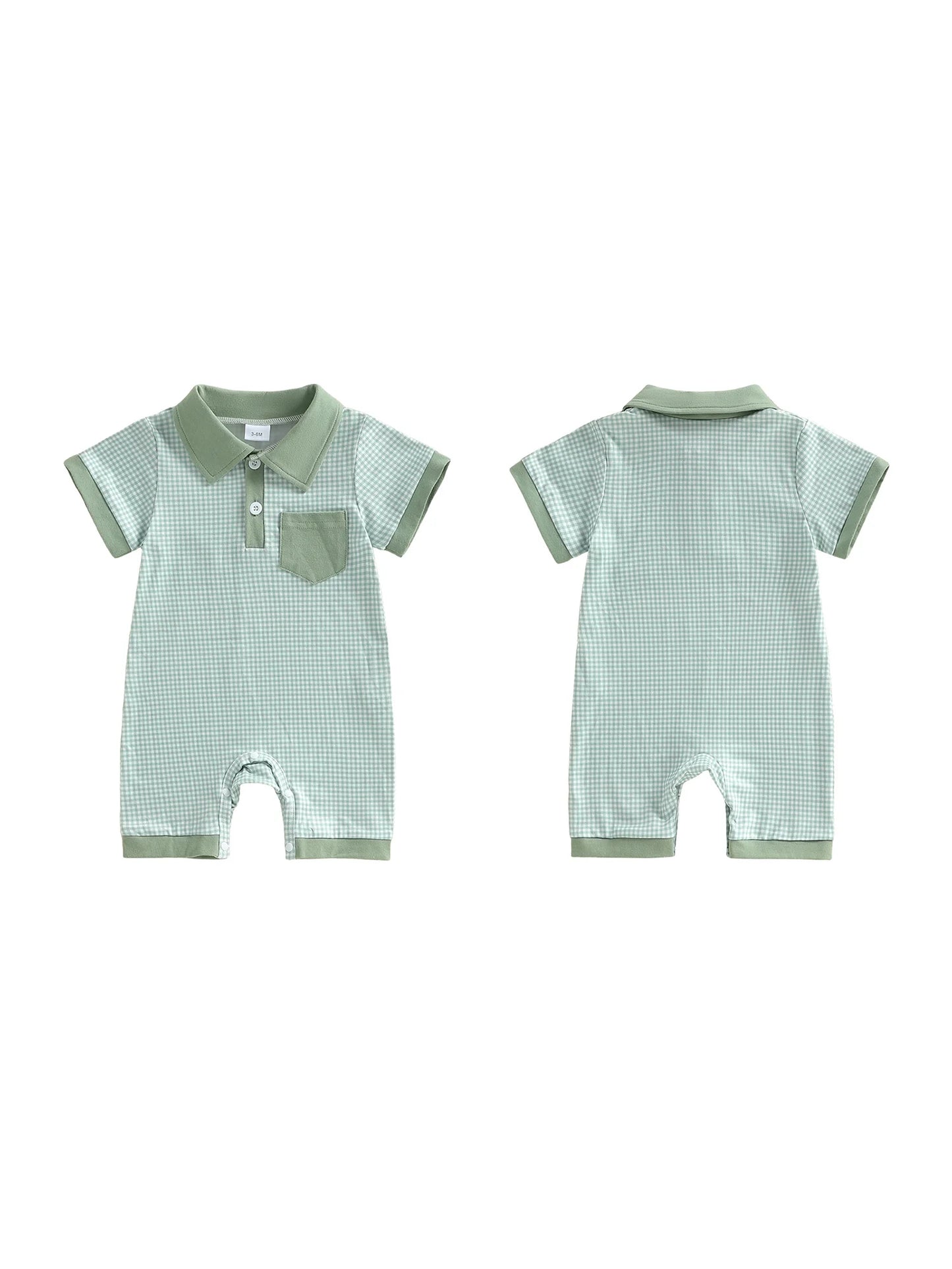 Toddler Boy Romper Lapel Collar Short Sleeve Checkered Print Upper Button Jumpsuit with Pocket Detail