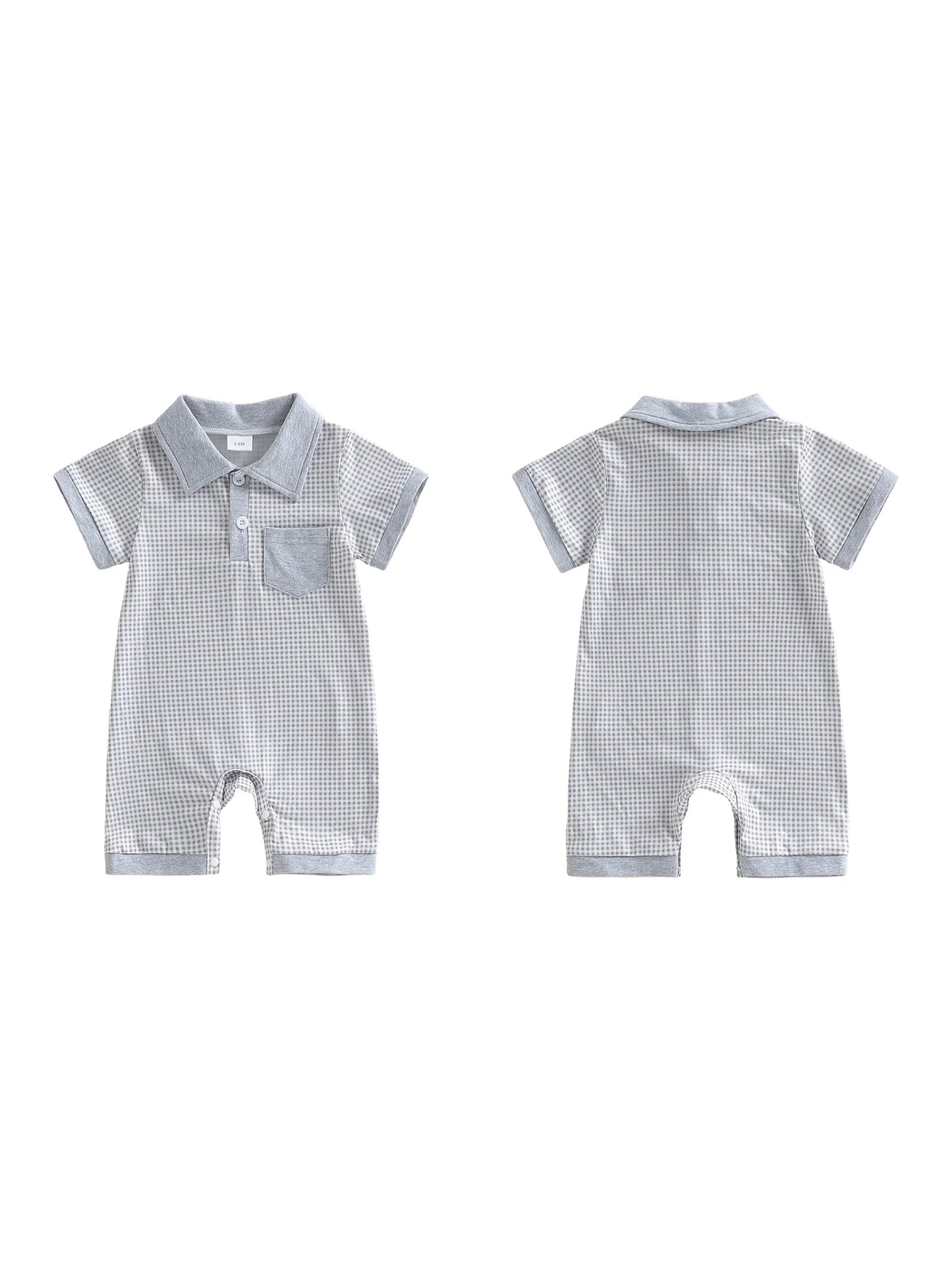 Toddler Boy Romper Lapel Collar Short Sleeve Checkered Print Upper Button Jumpsuit with Pocket Detail