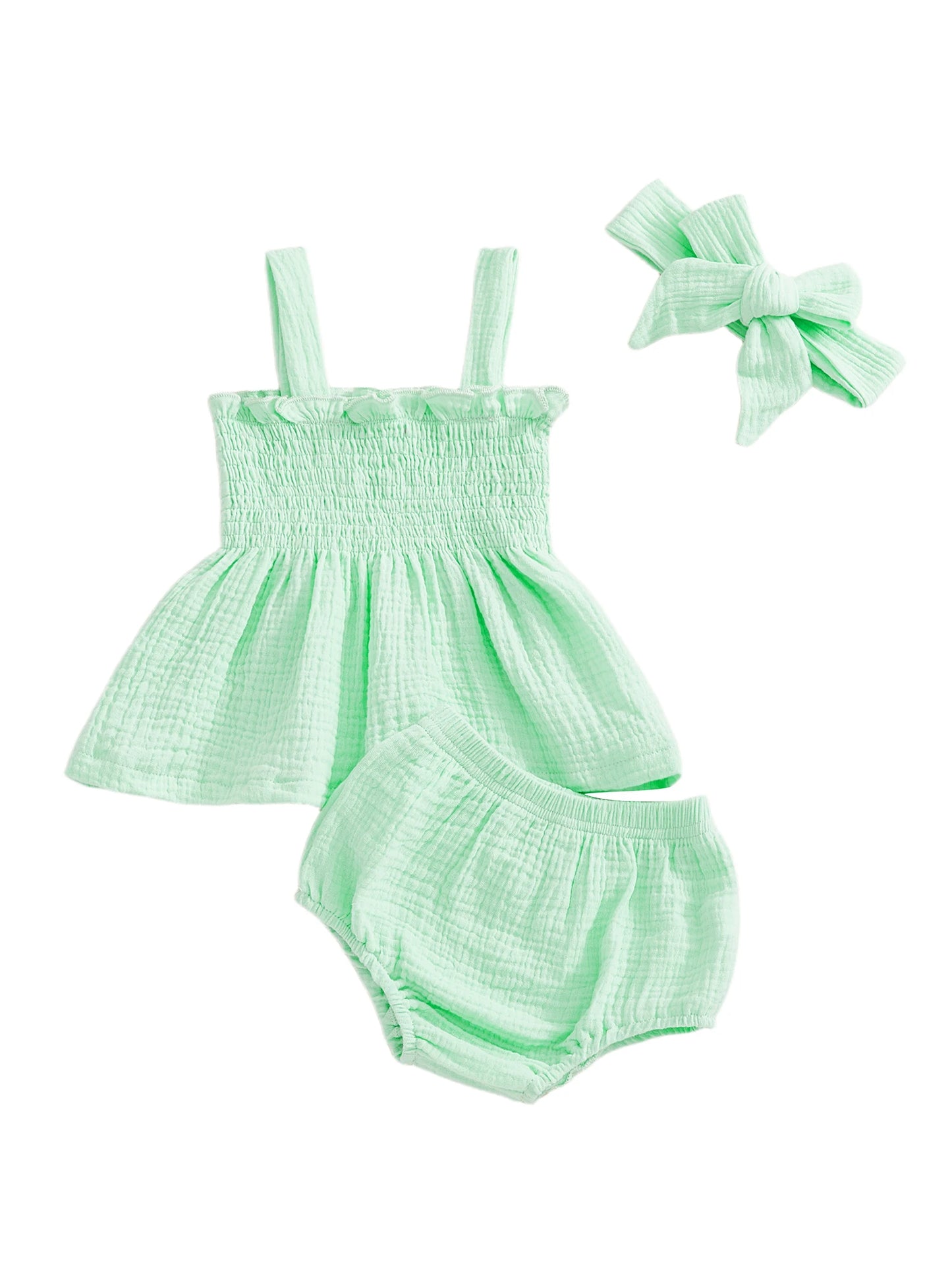 Adorable Baby Girl Summer Set with Solid Color Ruffled Trim Smocked A Line Sleeveless Top Shorts and Matching Headband - 3
