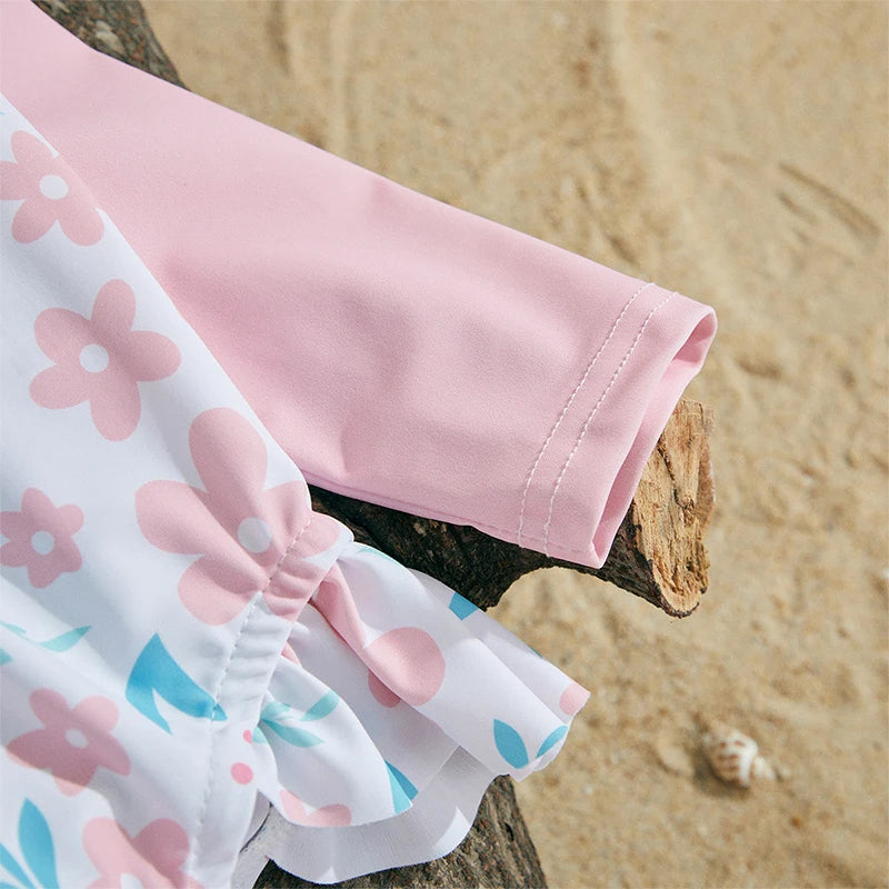 MISOWMNJOY Floral Print Kids Baby Girls Swimsuits Summer Kids Beachwear Long Sleeve Ruffle Bathing Suit Infant Swimwear with Cap