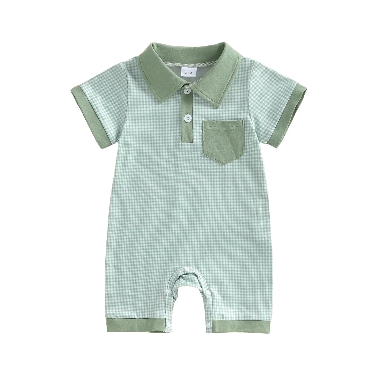 Toddler Boy Romper Lapel Collar Short Sleeve Checkered Print Upper Button Jumpsuit with Pocket Detail