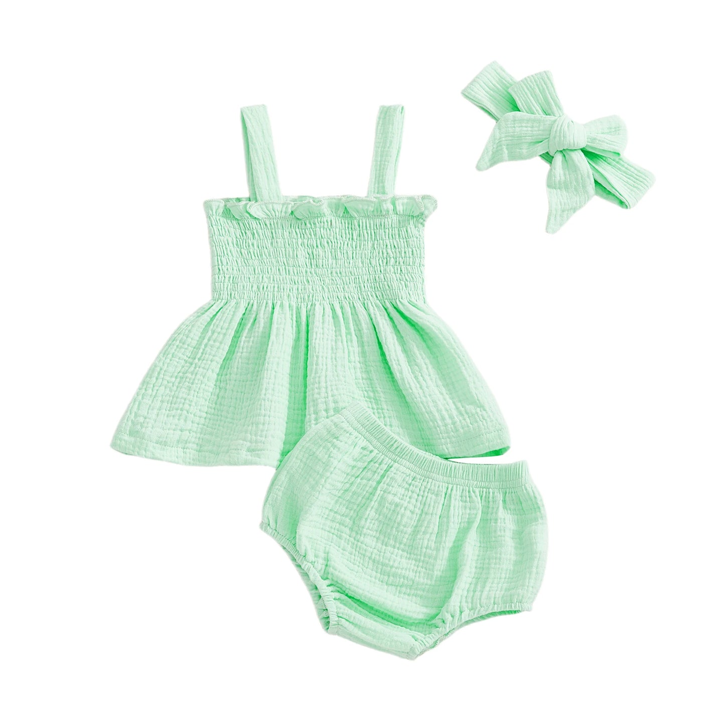 Adorable Baby Girl Summer Set with Solid Color Ruffled Trim Smocked A Line Sleeveless Top Shorts and Matching Headband - 3
