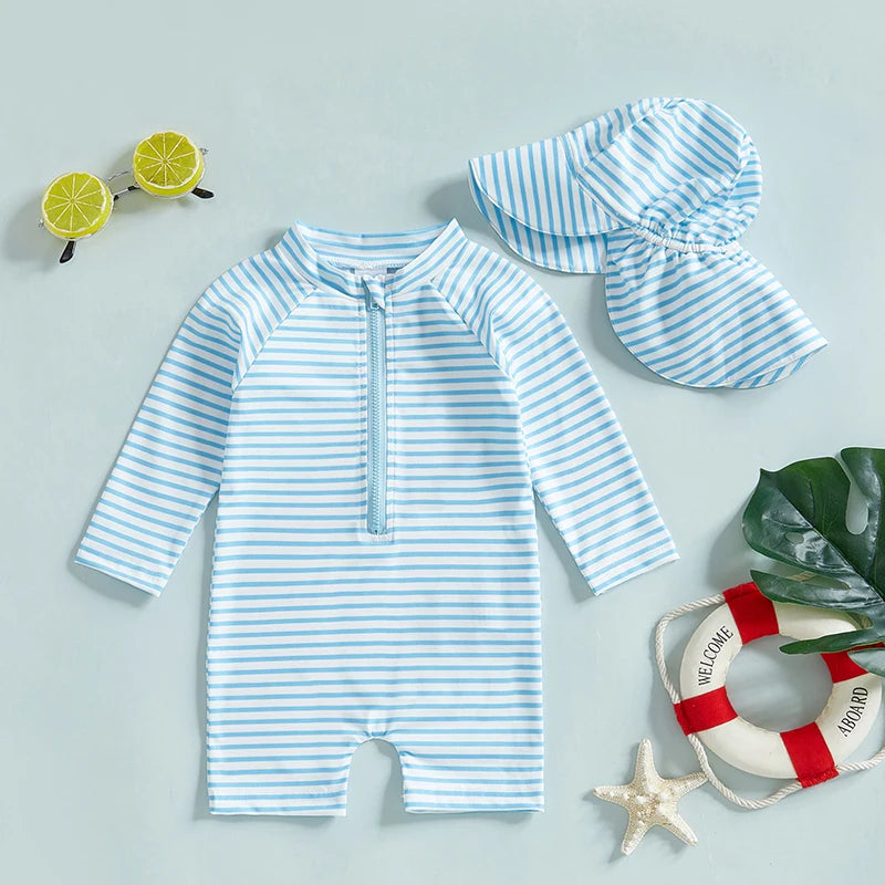 Infant Boys Girls Sun Protection Swimwear Set with Hat 2 Piece UV Rash Guard Suit Striped Zip Up Long Sleeve Crew Neck