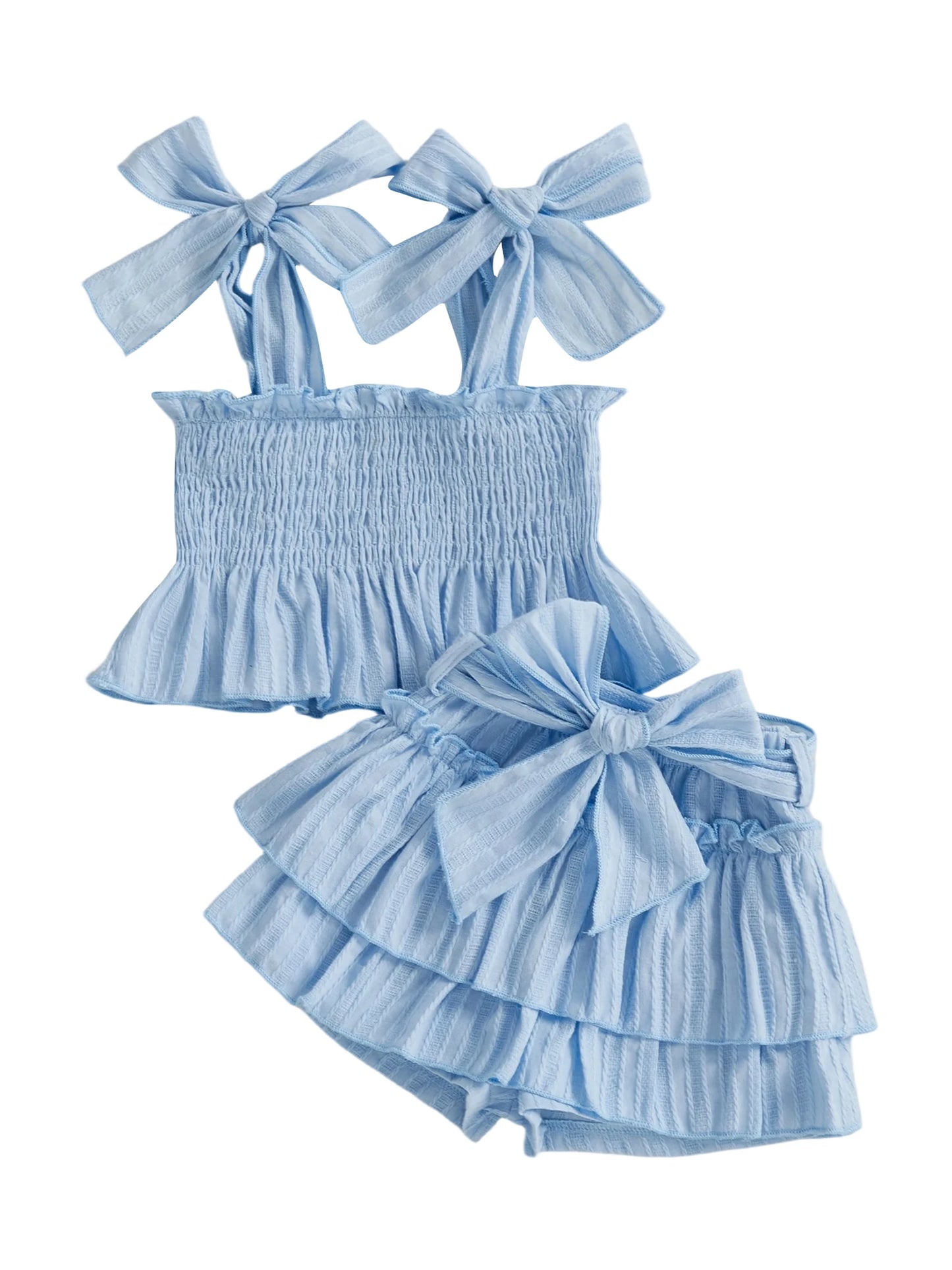 2Pcs Toddler Girls Summer Set Sleeveless Bow Tie Strap Solid Color Smocked Vest Tops and Ruffled Skort Outfit