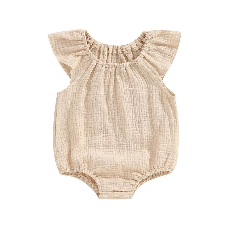 Summer Baby Clothing Girl Boy Rompers Solid Ruffle Sleeve Smocked Bubble Romper Unisex Infants Cotton Linen Jumpsuit