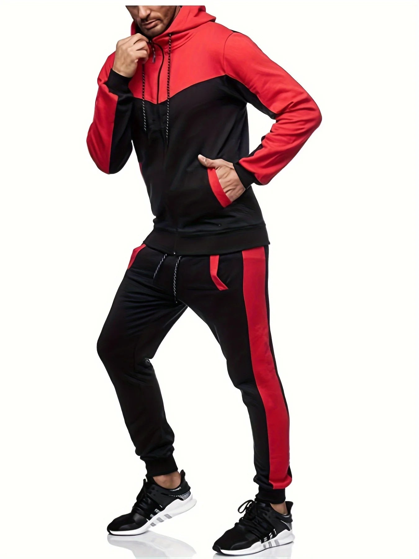 Autumn And Winter Men's Hooded Color Matching Leisure Sports Cardigan Set