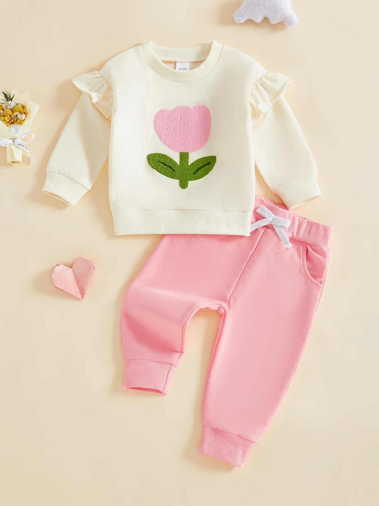 Adorable Toddler Girls 2 Piece Clothing Set with Delicate Floral Embroidery Cozy Long Sleeve Top and Stretchy Pants for