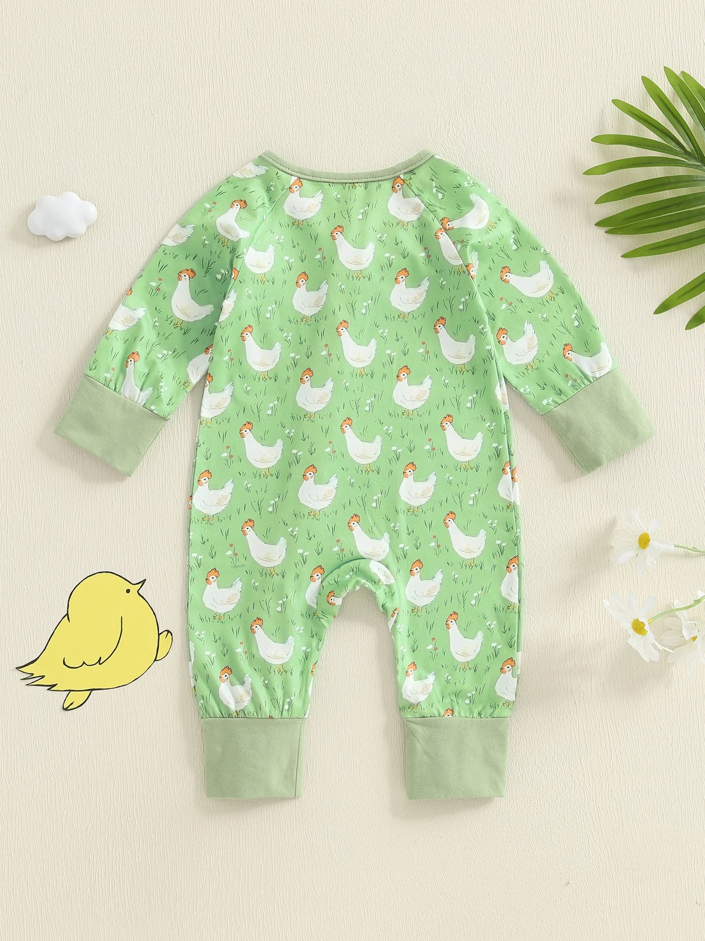 Adorable Toddler Bunny Print  Baby Long Sleeve Round Neck Front Zip Romper with Matching Bow Headband