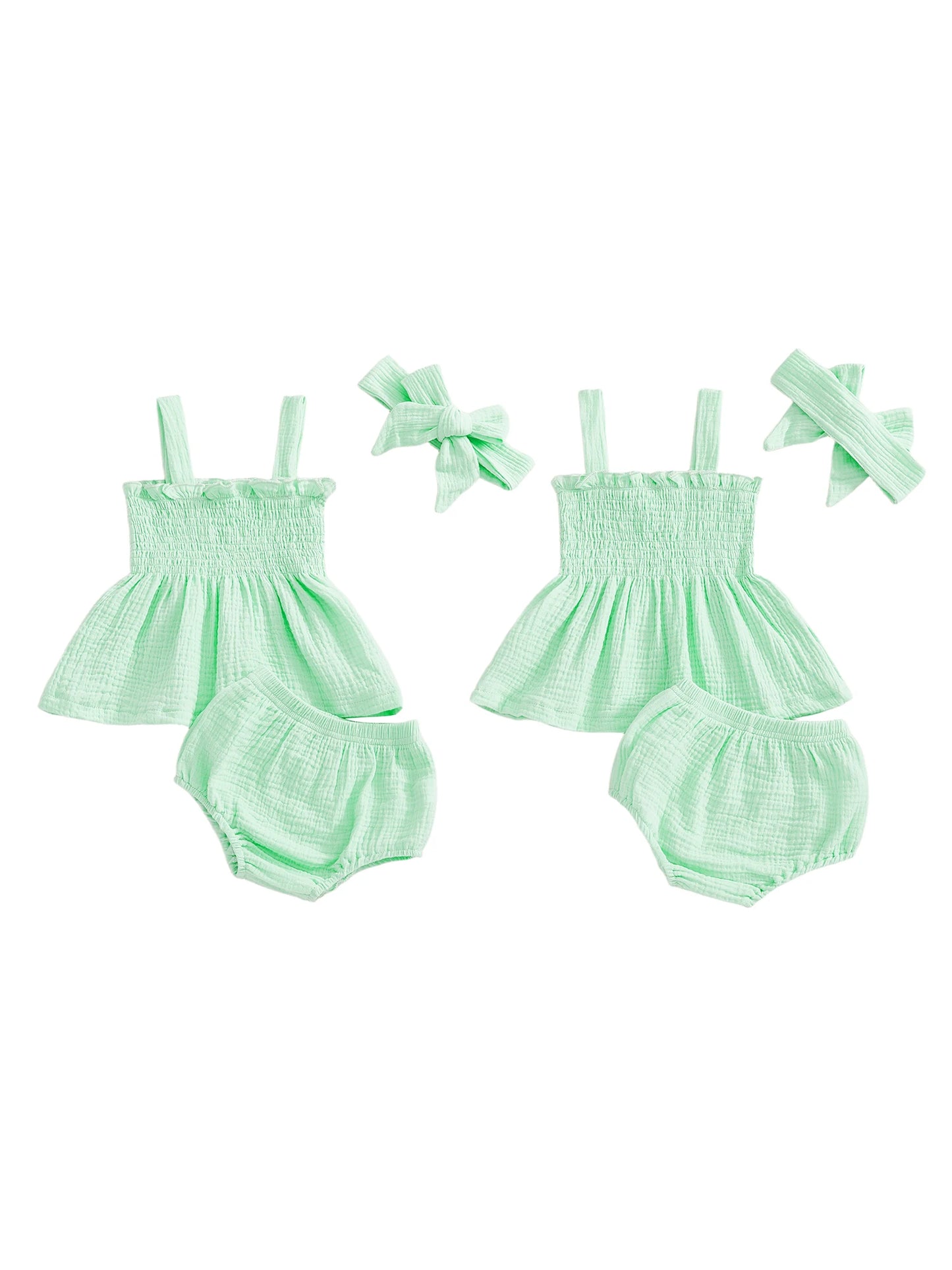 Adorable Baby Girl Summer Set with Solid Color Ruffled Trim Smocked A Line Sleeveless Top Shorts and Matching Headband - 3