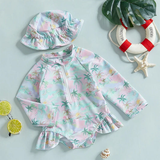 Baby Girls Swimsuit with Long Sleeve Rash Guard and Ruffle
