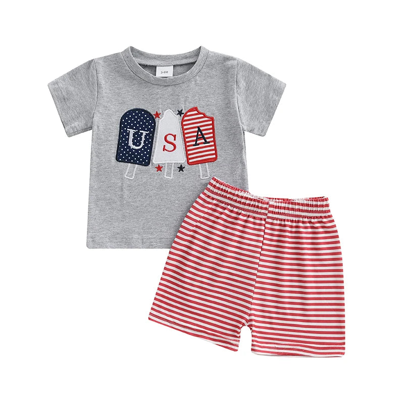 Toddler Baby Boy Girl 4th Of July Outfit USA Popsicle Short Sleeve Patriotic Tshirt Striped Shorts Independence Day Clothes