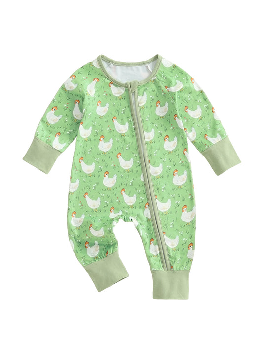 Adorable Toddler Bunny Print  Baby Long Sleeve Round Neck Front Zip Romper with Matching Bow Headband