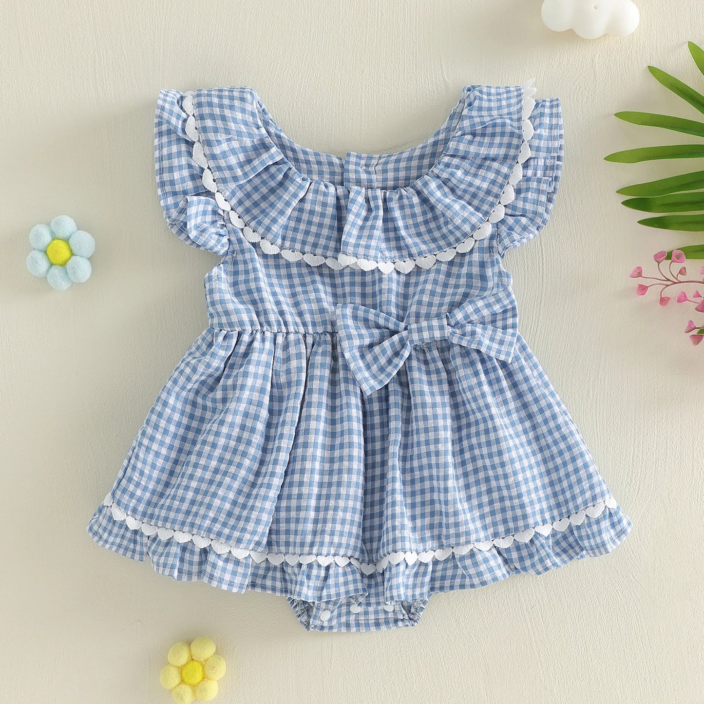 Adorable Infant Summer Romper Dress with Plaid Pattern Sleeveless Round Neck Jumpsuit for Baby Girls