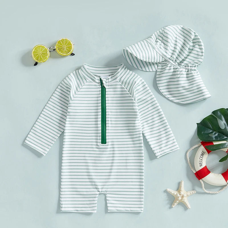 Infant Boys Girls Sun Protection Swimwear Set with Hat 2 Piece UV Rash Guard Suit Striped Zip Up Long Sleeve Crew Neck