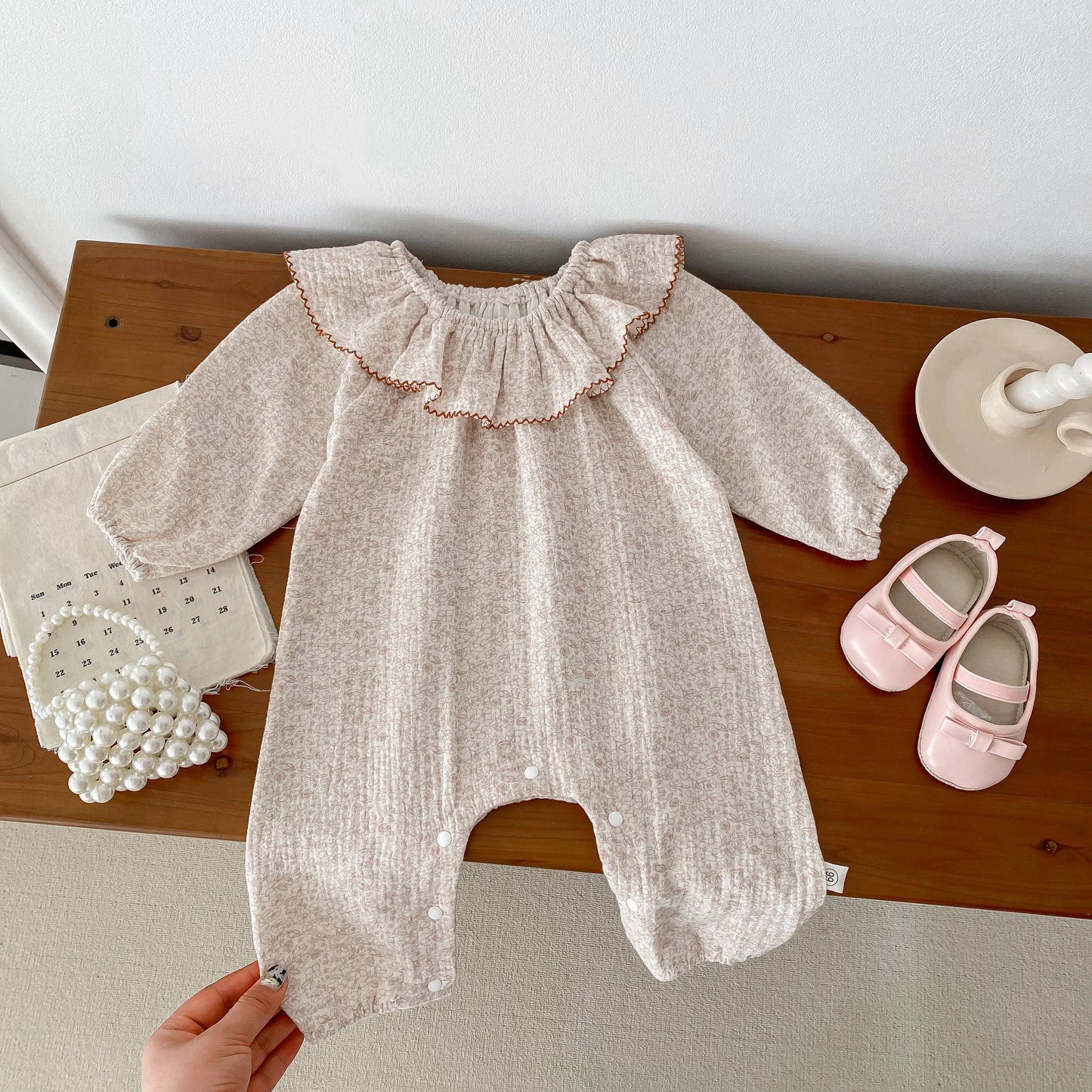 Baby Girls Chiffon Fabric Long Sleeves Frilled Collar Floral Prints Infant Romper
