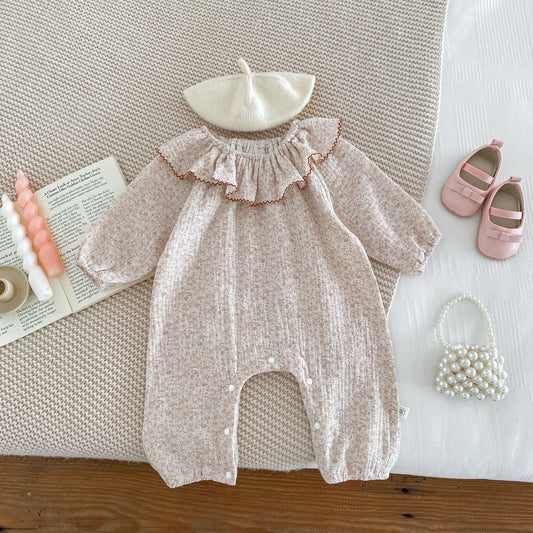 Baby Girls Chiffon Fabric Long Sleeves Frilled Collar Floral Prints Infant Romper