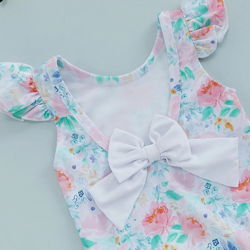 Toddler Girls  Swimsuit with Ruffle Sleeves and Cute Floral Print UPF 50 Sun Protection Baby Girls Swimwear