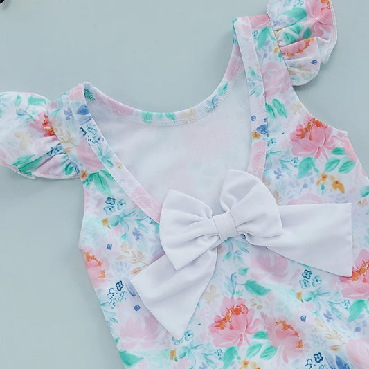 Toddler Girls  Swimsuit with Ruffle Sleeves and Cute Floral Print UPF 50 Sun Protection Baby Girls Swimwear