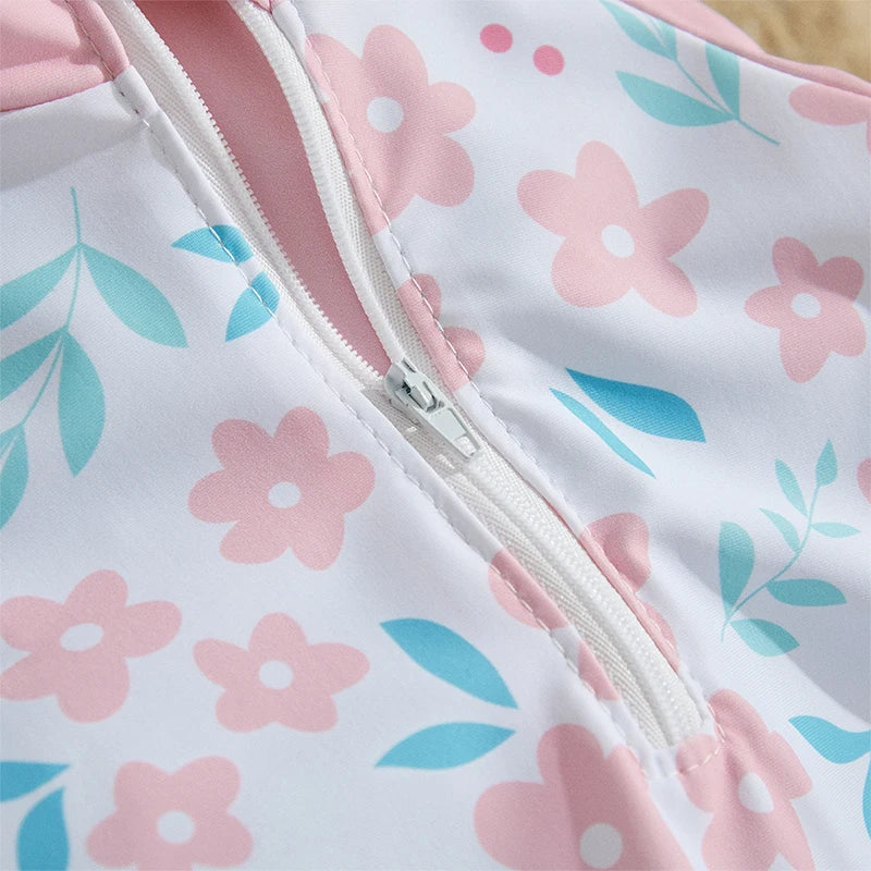 MISOWMNJOY Floral Print Kids Baby Girls Swimsuits Summer Kids Beachwear Long Sleeve Ruffle Bathing Suit Infant Swimwear with Cap