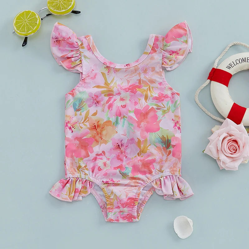 Toddler Girls  Swimsuit with Ruffle Sleeves and Cute Floral Print UPF 50 Sun Protection Baby Girls Swimwear