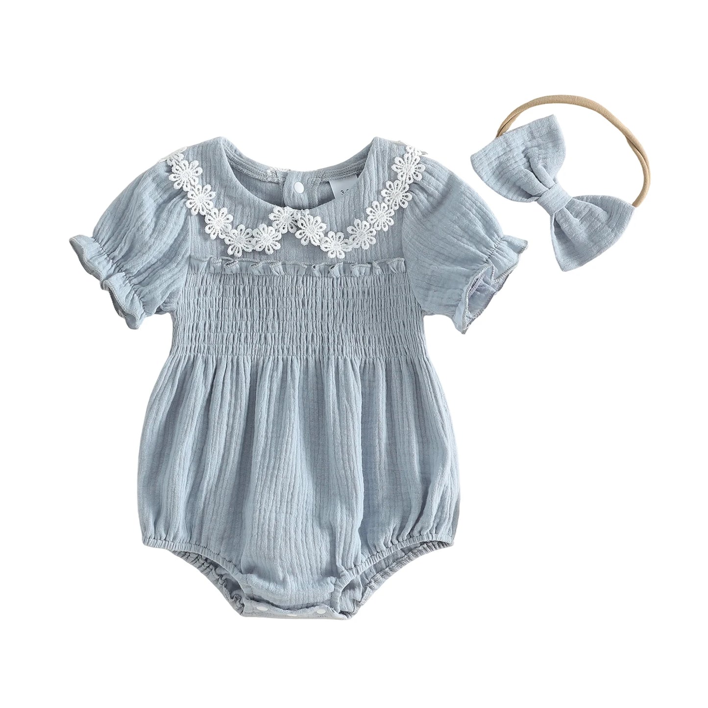 FOCUSNORM 0-18M Lovely Baby Girls Summer Romper Fashionable Flower Trim Short Bubble Sleeve Smocked Jumpsuit with Headband