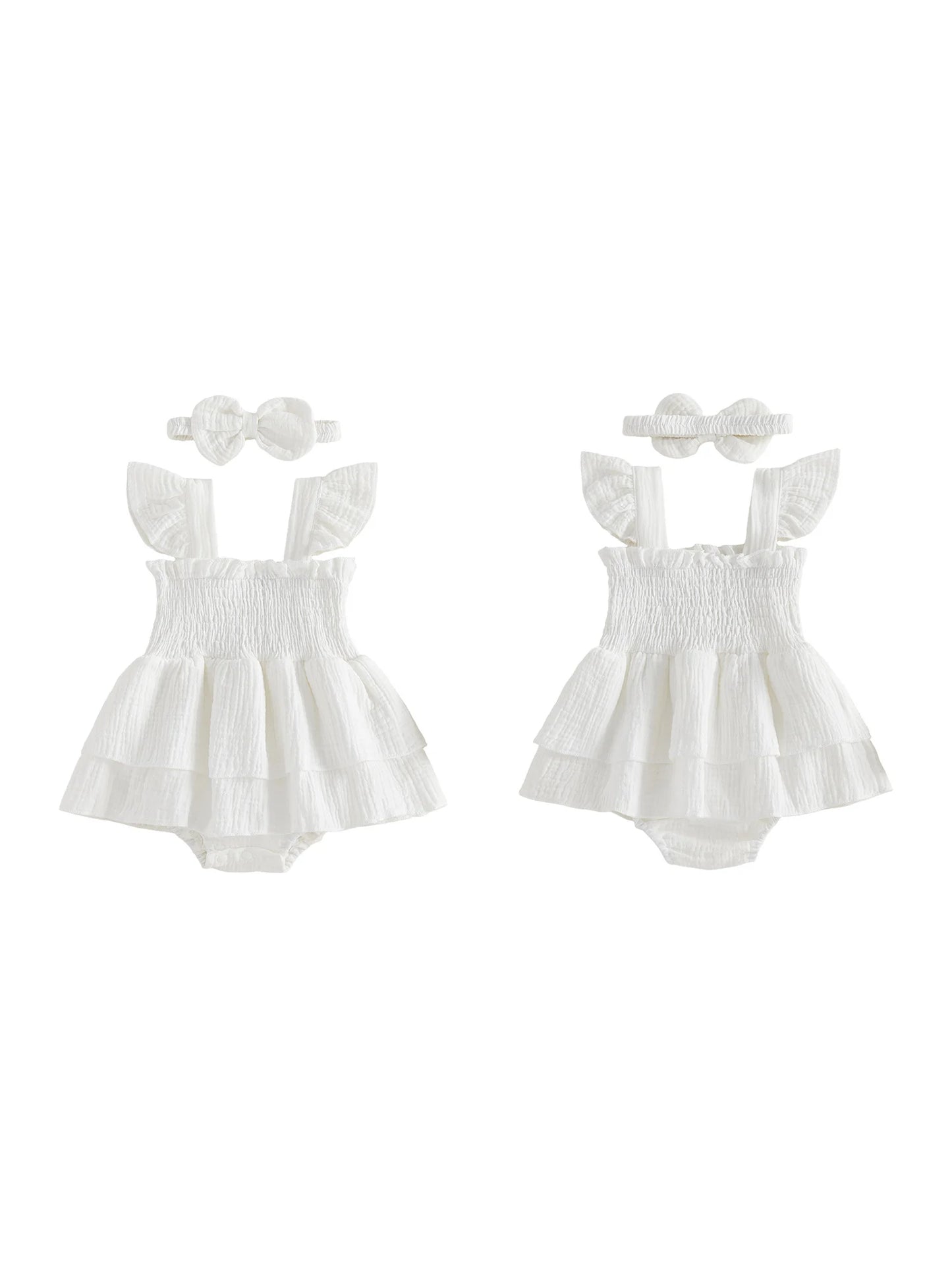 Adorable Toddler Girl Floral Print Ruffle Sleeve Romper Dress with Matching Bow Headband 2 Piece Outfit Set for Summer Fun