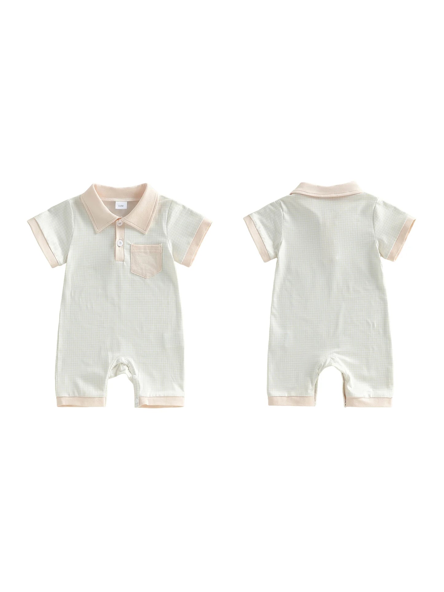 Toddler Boy Romper Lapel Collar Short Sleeve Checkered Print Upper Button Jumpsuit with Pocket Detail