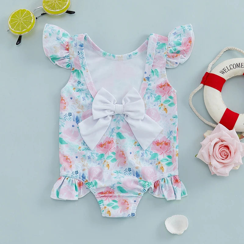 Toddler Girls  Swimsuit with Ruffle Sleeves and Cute Floral Print UPF 50 Sun Protection Baby Girls Swimwear