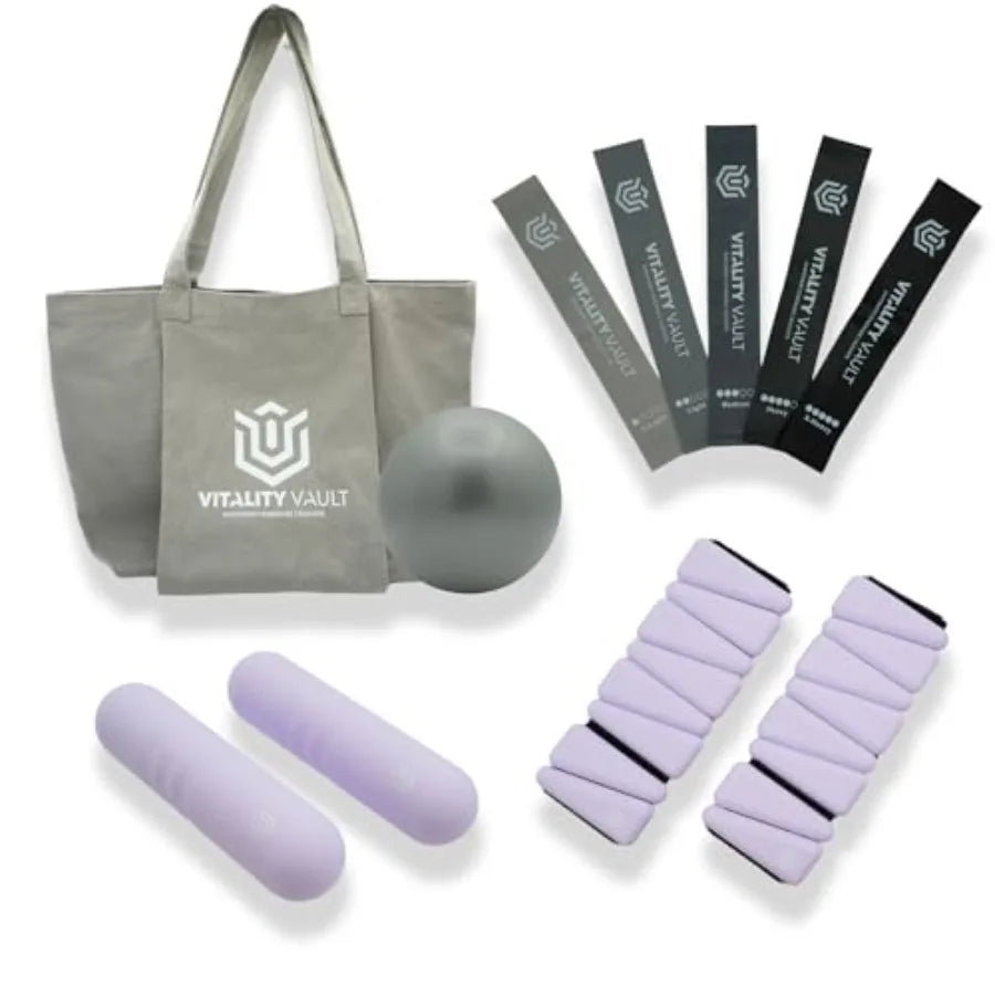Pilates Pro Power Pack - 2.2lb Hand Weights Ankle Wrist Weights Resistance Bands Pilates Ball Canvas Tote Bag - Black - Home Gy