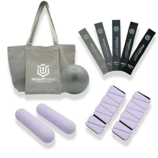 Pilates Pro Power Pack - 2.2lb Hand Weights Ankle Wrist Weights Resistance Bands Pilates Ball Canvas Tote Bag - Black - Home Gy