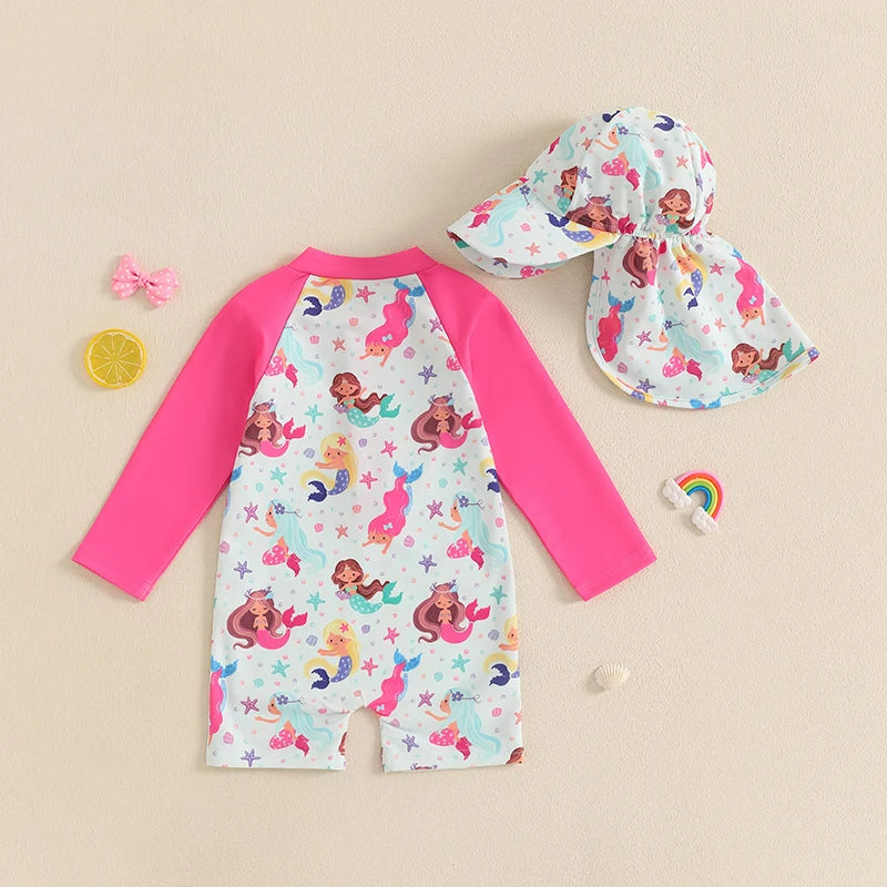 Baby Boy Rash Guard Swimsuit with Hat 2 Pcs Set Shark Pattern Zip Up Long Sleeve Crew Neck Toddler Boy Swimwears