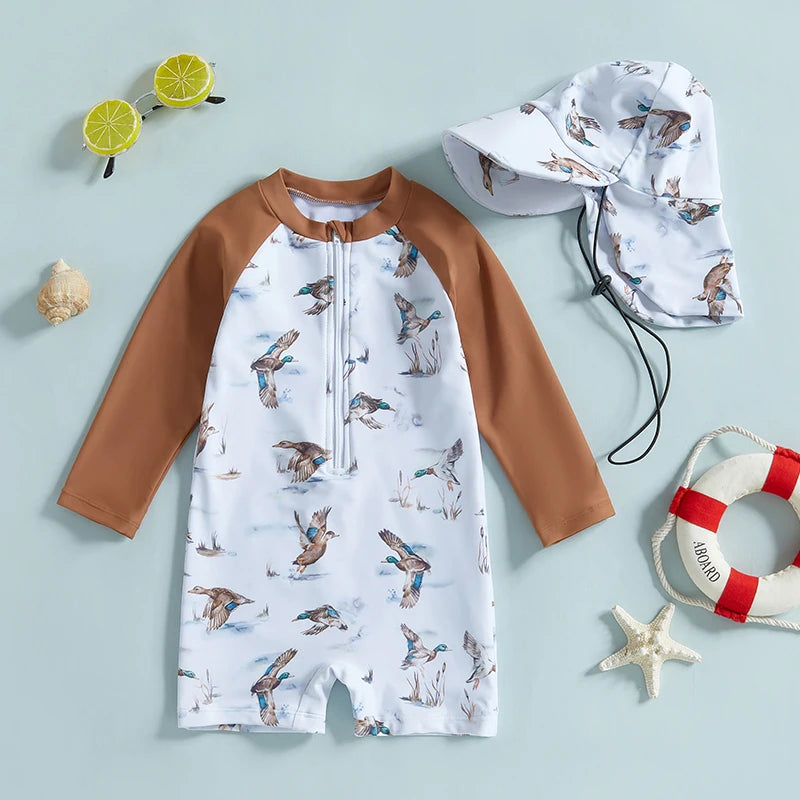 Baby Boy Rash Guard Swimsuit with Hat 2 Pcs Set Zip Up Long Sleeve